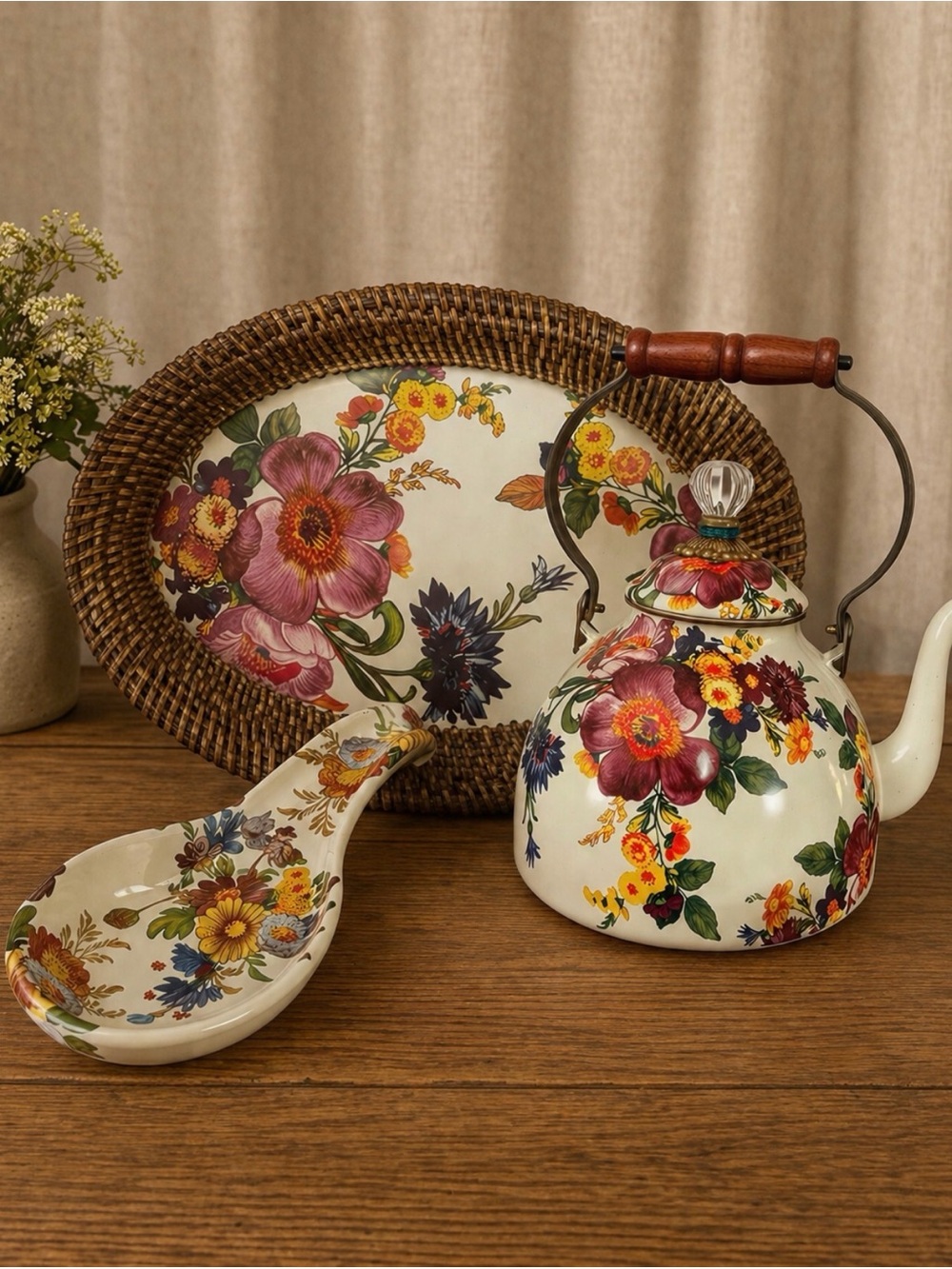 Floral Ceramic Teapot and 11x8 Serving Tray and spoon rest bundle!!!!